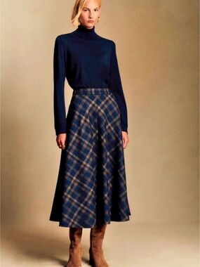 Sézane Orlane Skirt Plaid Midi in Blue & Brown Size 34
